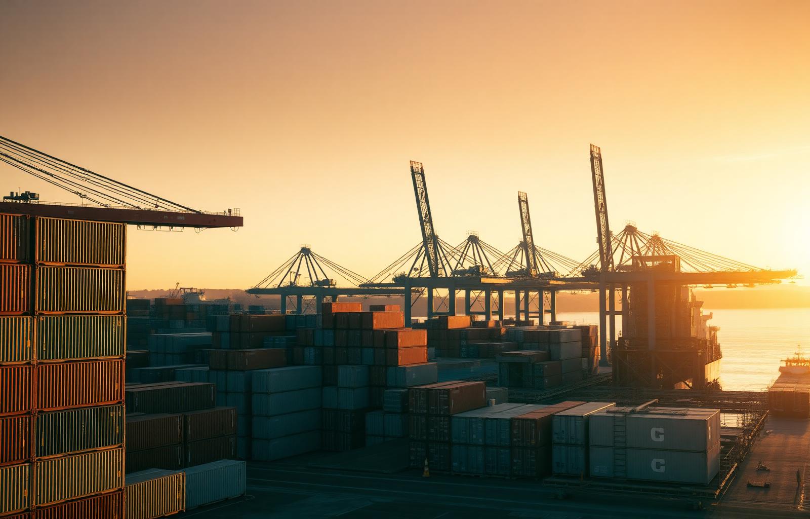 Stacked intermodal containers and cranes at a port at golden hour