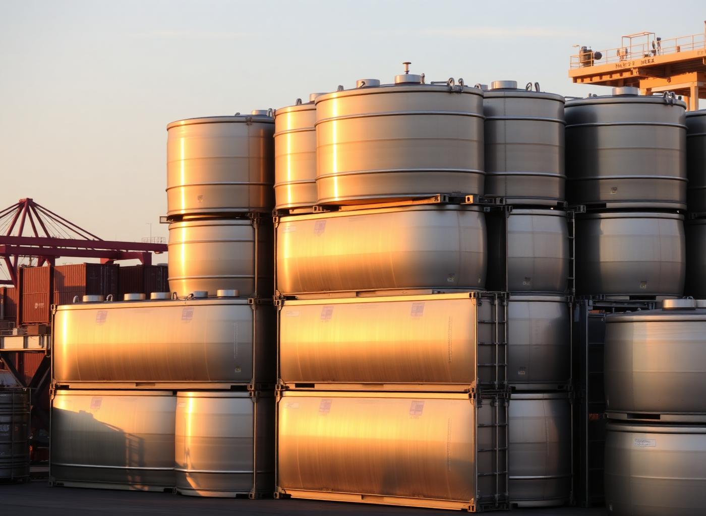Stainless steel ISO tank containers at port