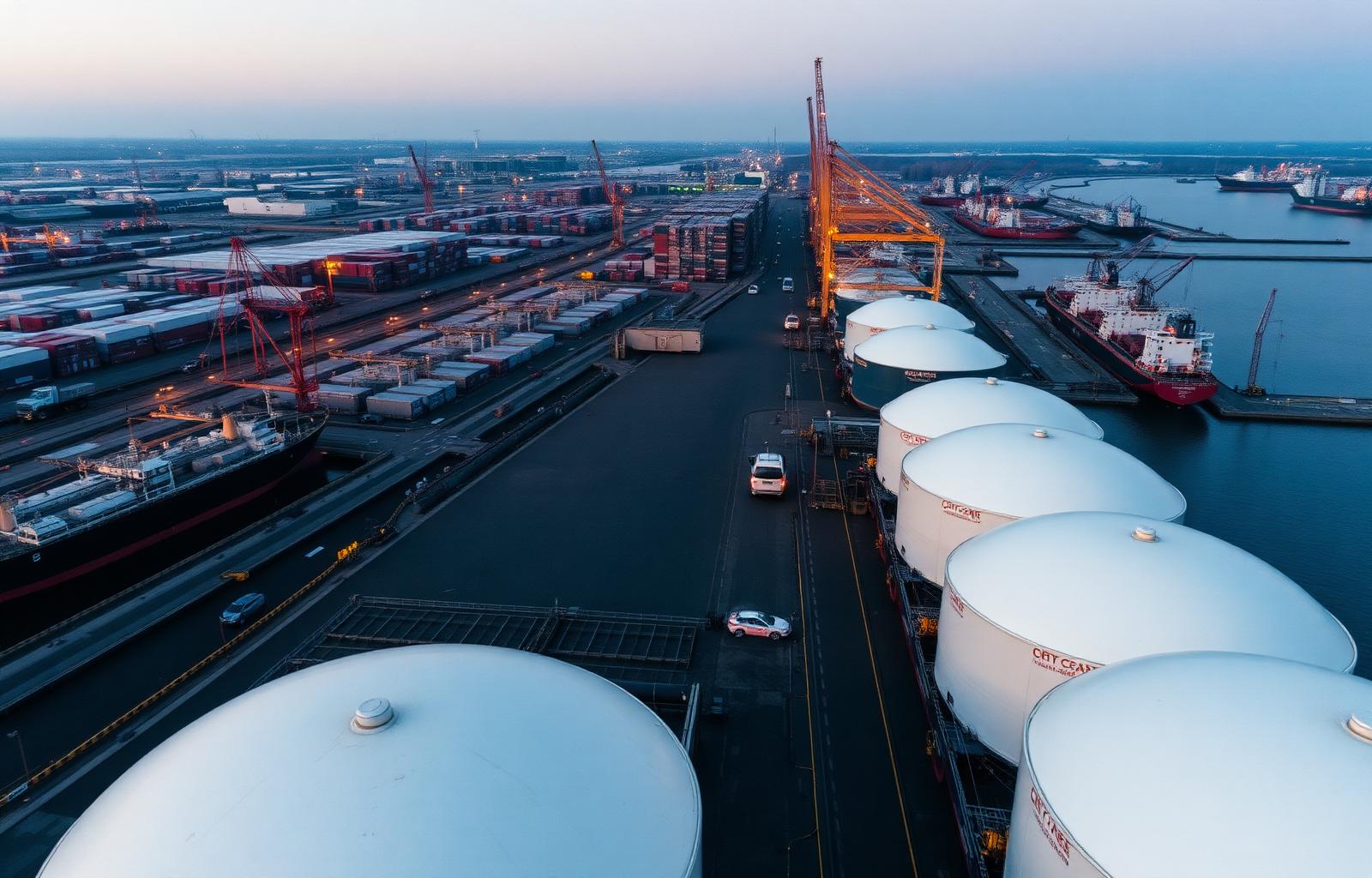Industrial port with biofuel storage tanks at dusk